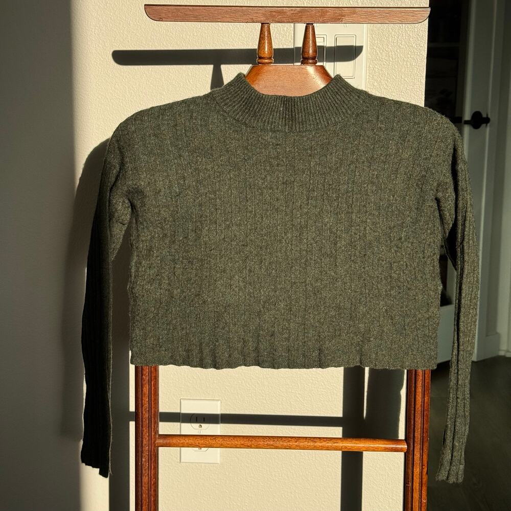 Madewell Cropped Ribbed Mock Neck Wool Blend Sweater Olive Green XS